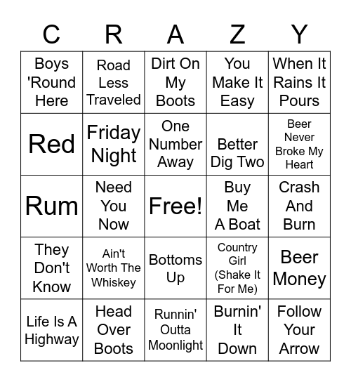 Country Mashup Bingo Card