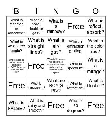 Reflection and Refraction Bingo Card