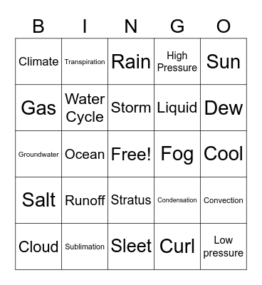 Water Cycle and Clouds Bingo Card