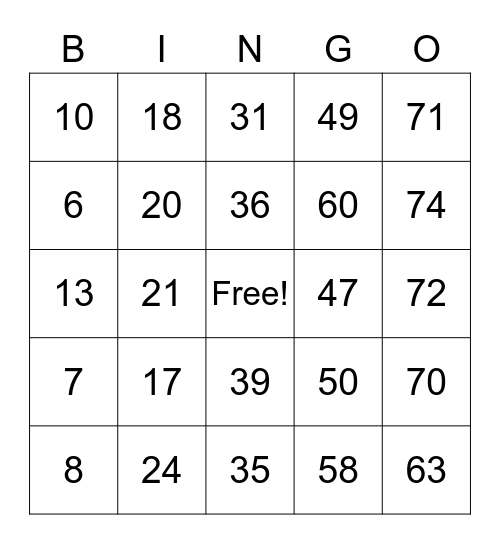 Number Bingo 1-75 Bingo Card