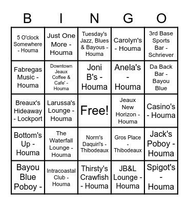 Cruisin' The Bayous Bingo Card