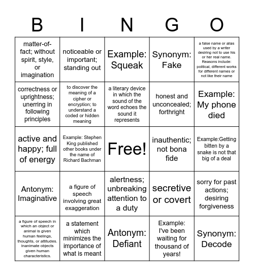 Vocabulary #7 Bingo Card