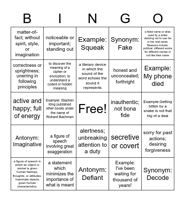 Vocabulary #7 Bingo Card