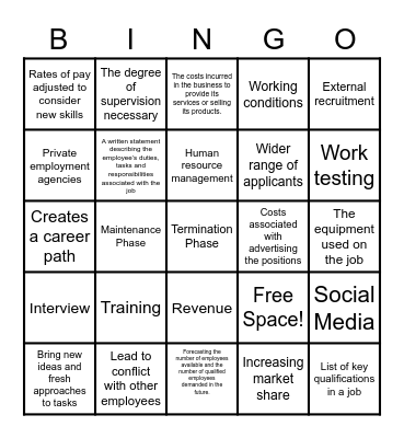 Staffing a Business Bingo Card