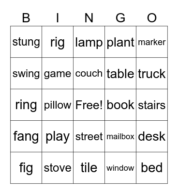 Learning /g/, /ng/, /ing/ Sounds Bingo Card