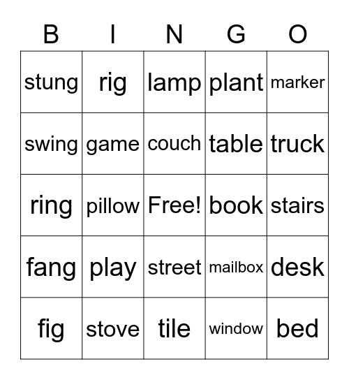 Learning /g/, /ng/, /ing/ Sounds Bingo Card
