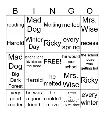 Harold the Snowman Bingo Card