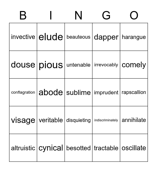 Palafox Night Vocabulary 1 Bingo Card