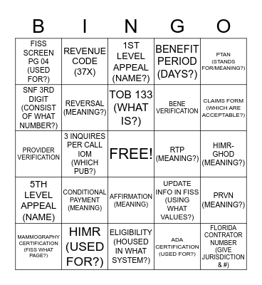 MEDICARE PART A Bingo Card