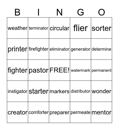 R Controlled Vowel Bingo Card