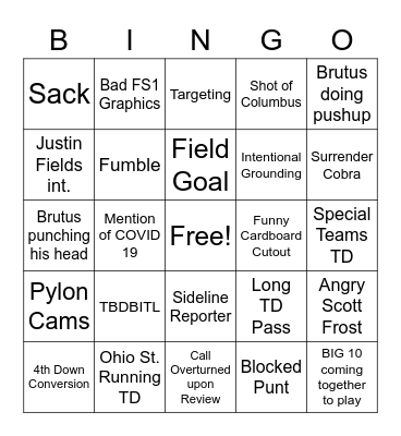 Nebraska vs. Ohio State 2020 Bingo Card