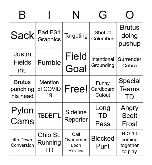 Nebraska vs. Ohio State 2020 Bingo Card