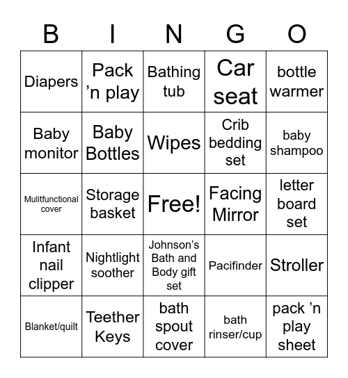 Brittany's Baby Shower Bingo Card