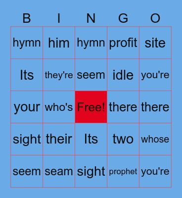Homophones Bingo Card