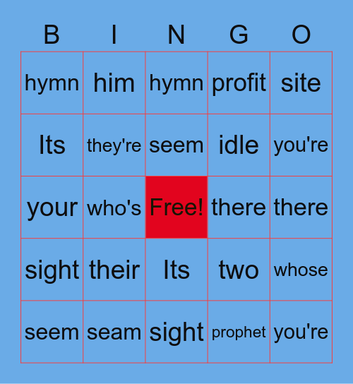 Homophones Bingo Card