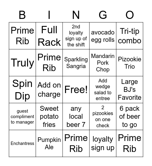 BJ's Game Card Bingo Card