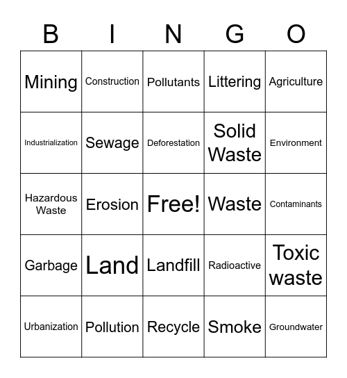 Land Pollution Bingo Card