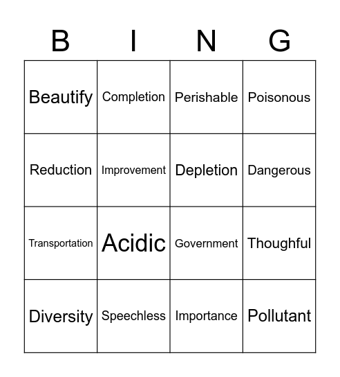 suffix bingo Card