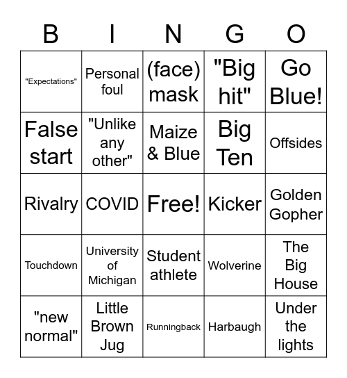 College Football Bingo Card