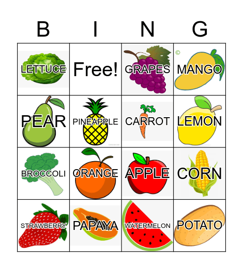 FRUIT AND VEGETABLES Bingo Card