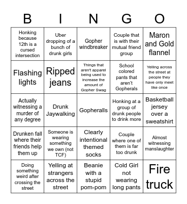 University Ave Game Day People Watching Bingo Card