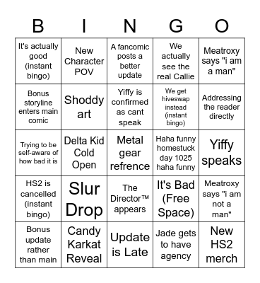 HOMESTUCK^2 10/25 BINGO Card