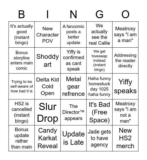 HOMESTUCK^2 10/25 BINGO Card