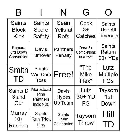 Saints Vs Panthers Bingo Card