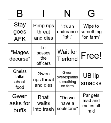 Sacellum Raid Bingo Card