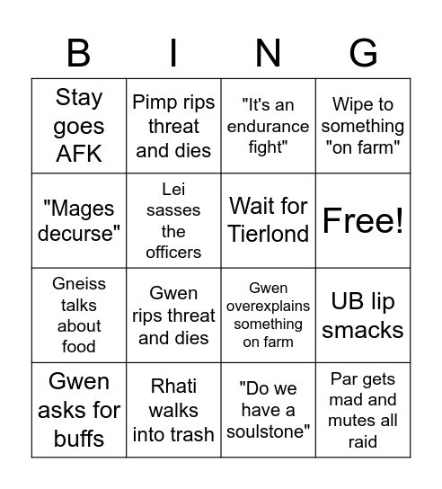 Sacellum Raid Bingo Card