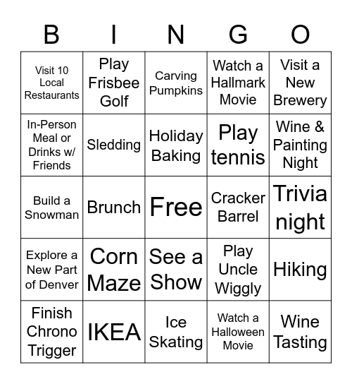 Fall/Winter Activity Bingo Card