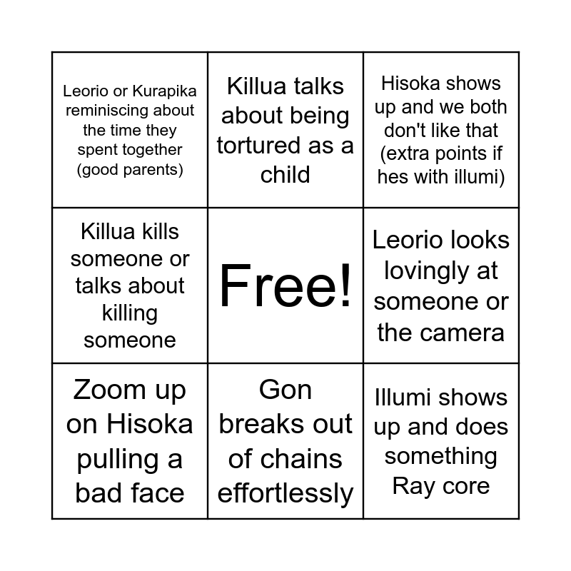 Hunter X Hunter Bingo Card Bingo Card