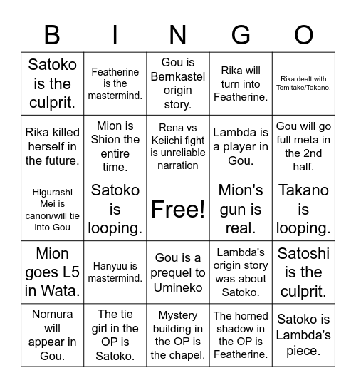 Higurashi Gou Bingo Card