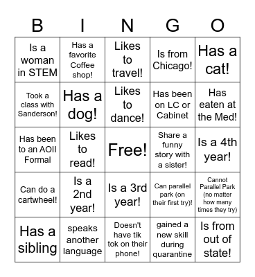 AOII Get to know your sisters! Bingo Card