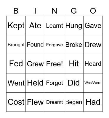 Irregular Verbs Bingo Card