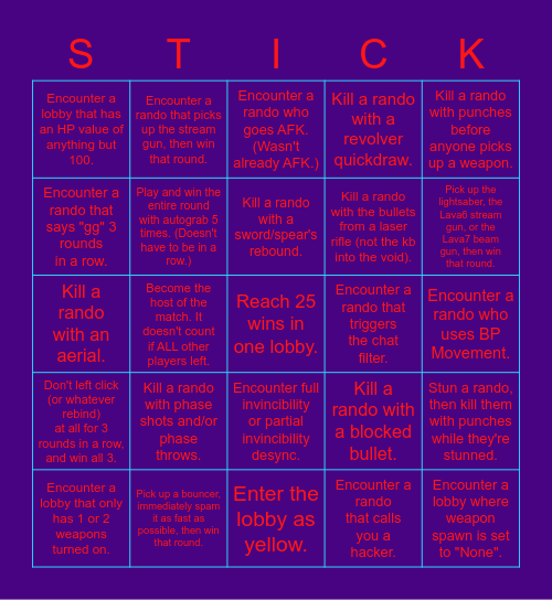 Stick Fight Quick Matches Randos Only Bingo Card