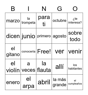 Spaans Bingotoets Bingo Card