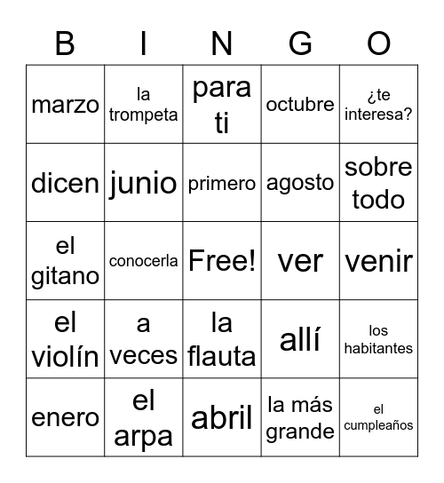 Spaans Bingotoets Bingo Card