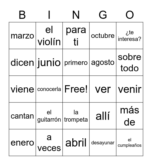 Spaans Bingotoets Bingo Card