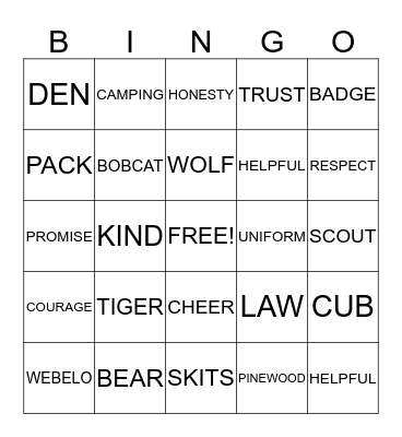 Cub Scout Bingo Card