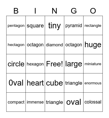 Size and Shape Bingo Card