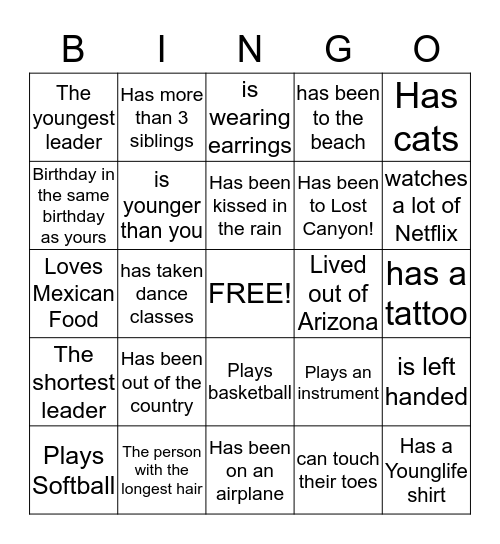 YOUNGLIFE Bingo Card