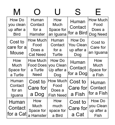 Pet Bingo Card