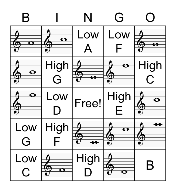 Treble Clef BINGO Card