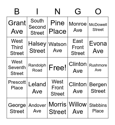 Streets In Plainfield Bingo Card