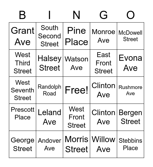 Streets In Plainfield Bingo Card
