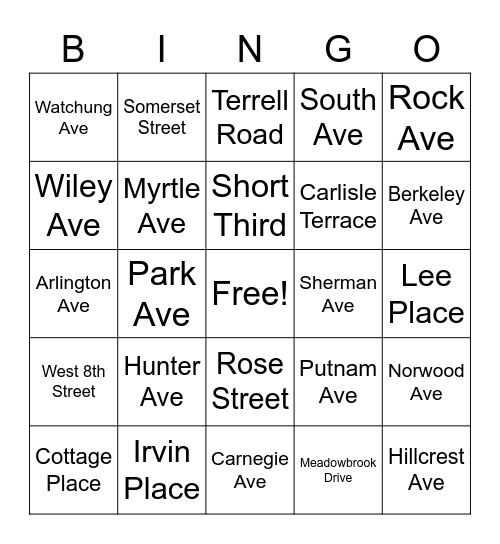 Streets In Plainfield II Bingo Card