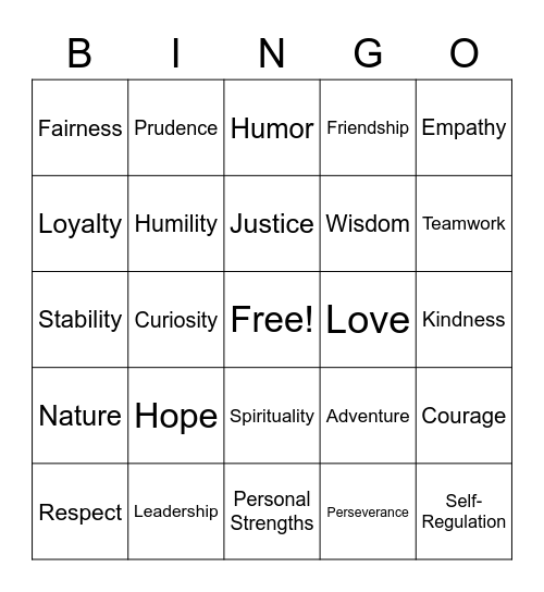 Personal Strengths Bingo Card