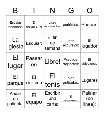 Los Pasatiempos, Los Deportes, y Los Lugares Bingo Card