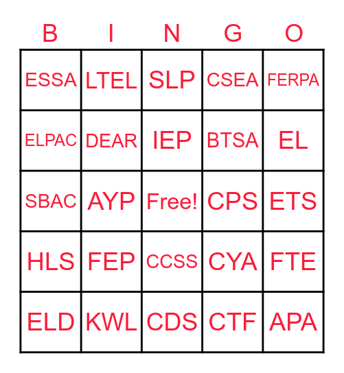 Acronyms Bingo Card
